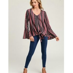 Jodifl Striped Bell Sleeve Tie Front Blouse Top